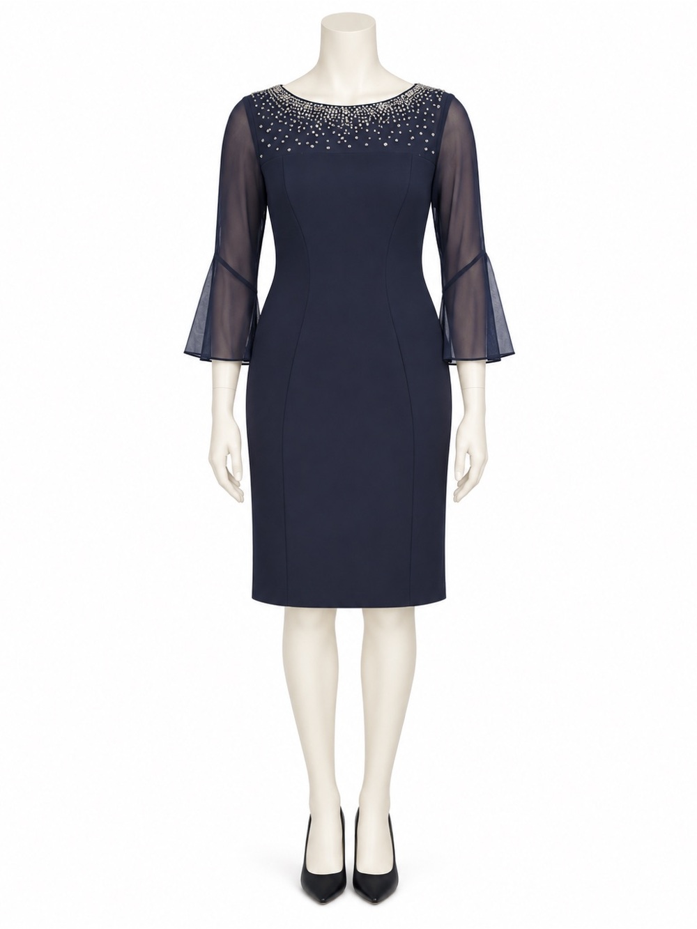 Alex Evenings Navy Embellished Sheath Dress with Chiffon Sleeves-Cross Posted